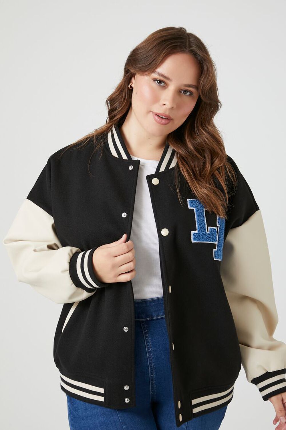BLACK/MULTI Plus Size Los Angeles Varsity Jacket, image 1