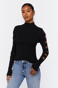 BLACK Ribbed Ladder Cutout Sweater, image 1