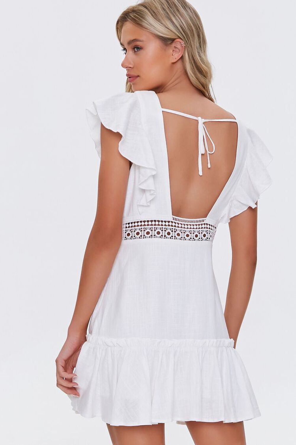 WHITE Ruffled Lace-Trim Cap-Sleeve Dress, image 3