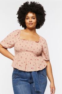 ROSE/MULTI Plus Size Floral Print Puff-Sleeve Top, image 1
