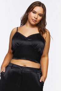 BLACK Plus Size Satin Cropped Cami & Shirt Set, image 5