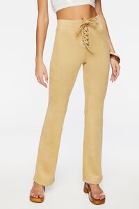 CAPPUCCINO Faux Suede Lace-Up Flare Pants, image 2