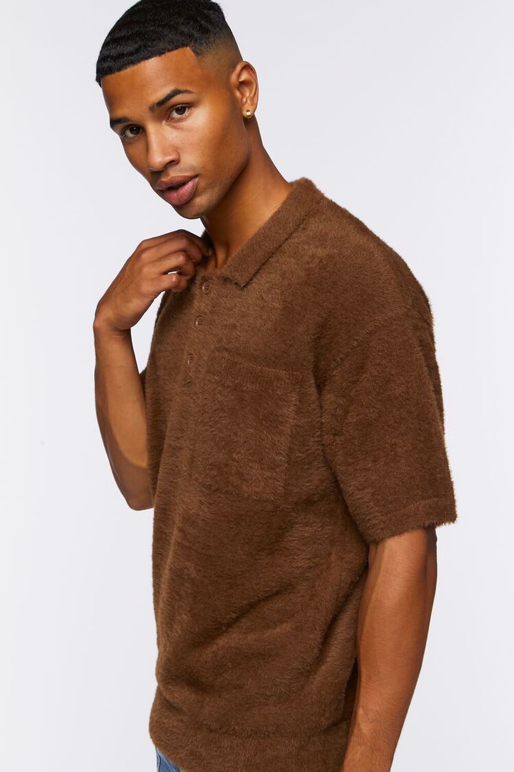 BROWN Fuzzy Knit Polo Shirt, image 2