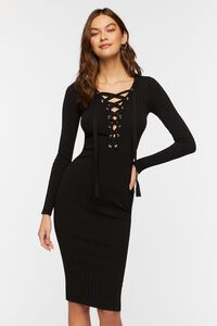 BLACK Lace-Up Bodycon Midi Dress, image 2