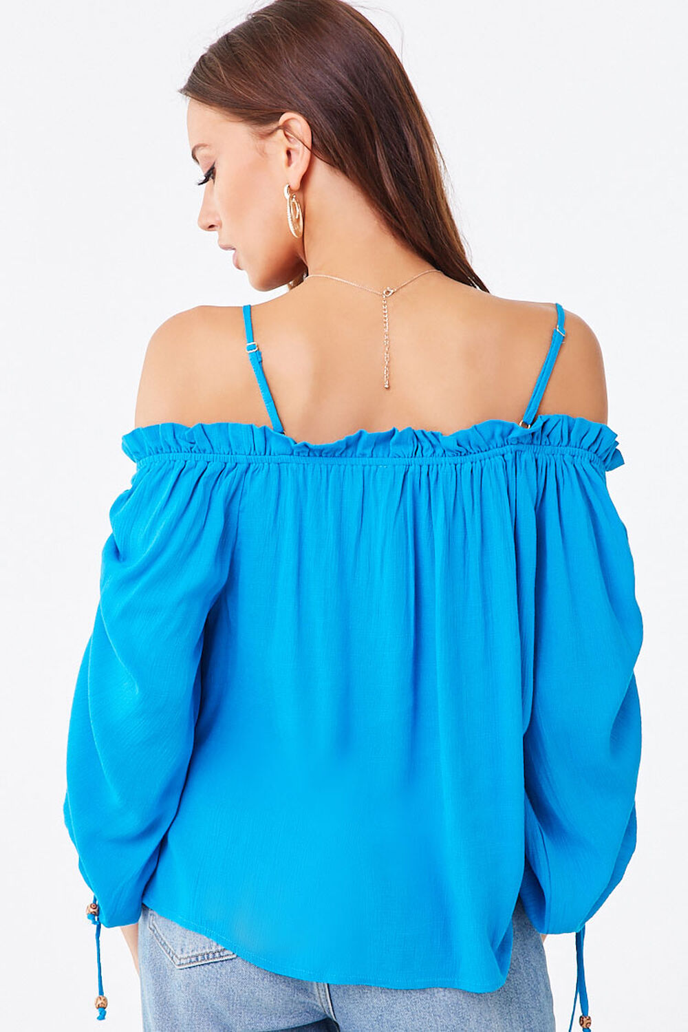 TURQUOISE Ruffled Open-Shoulder Top, image 3