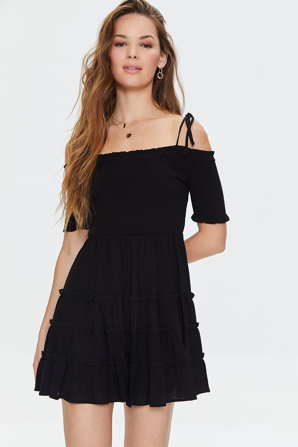 BLACK Smocked Open-Shoulder Mini Dress, image 1