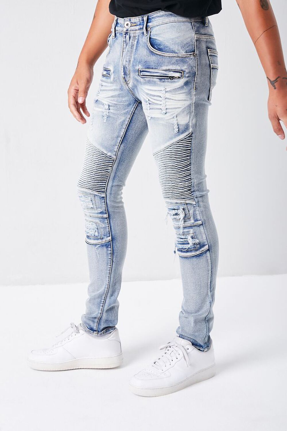 BLUE Distressed Slim-Fit Moto Jeans, image 3