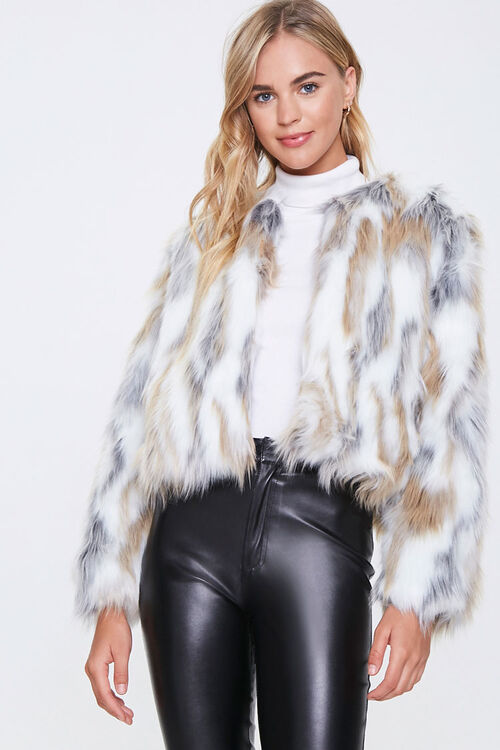 IVORY/TAUPE Open-Front Faux Fur Coat, image 1