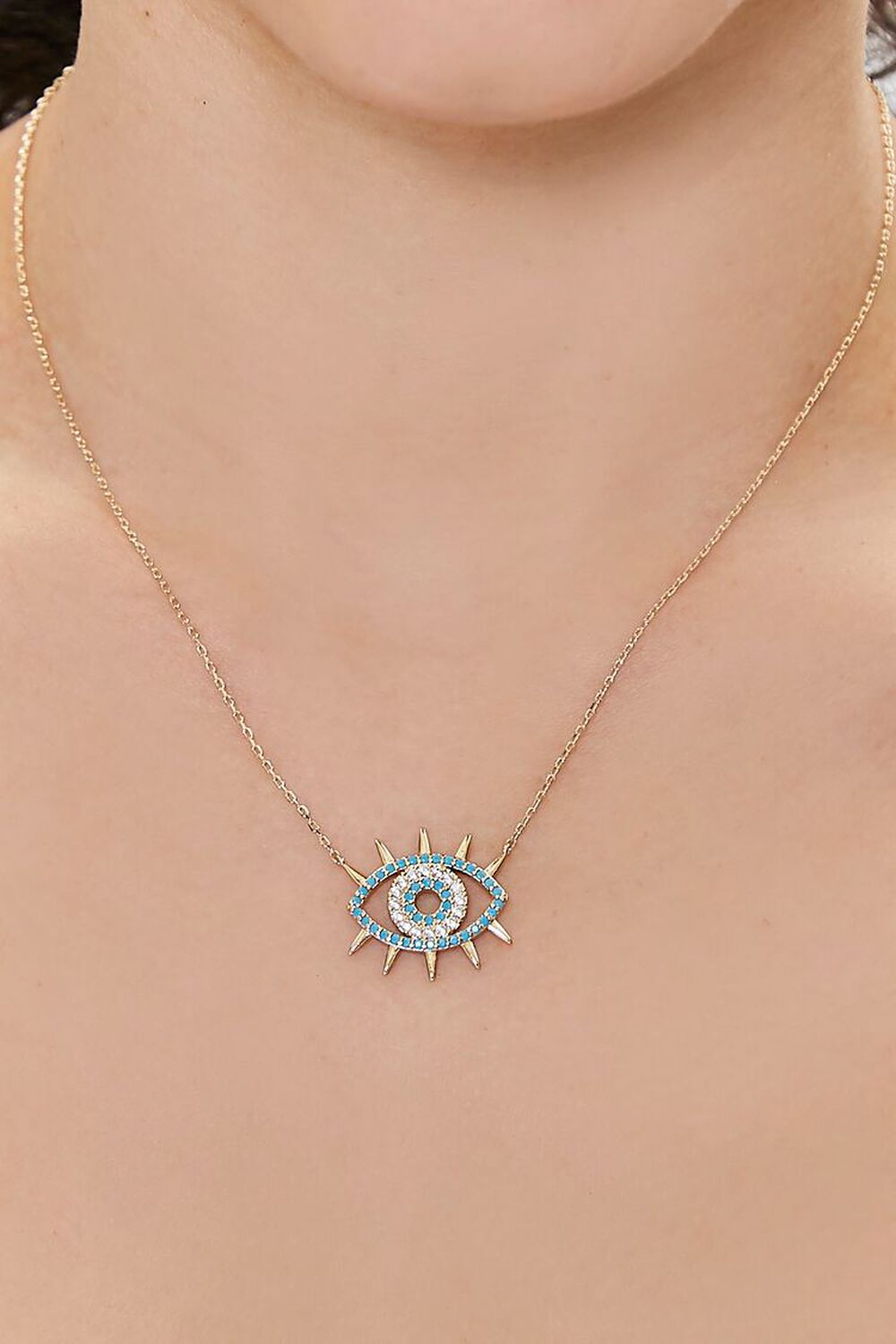 GOLD/TURQUOISE Rhinestone Evil Eye Chain Necklace, image 1