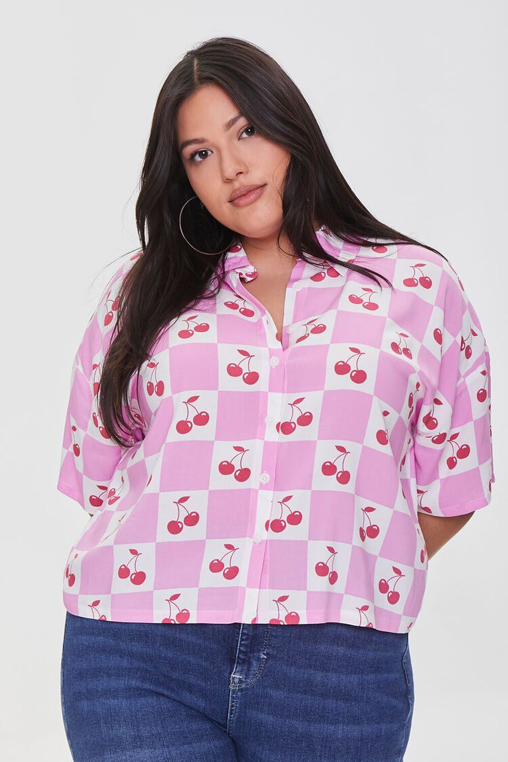 PINK/RED Plus Size Checkered Cherry Print Shirt, image 1