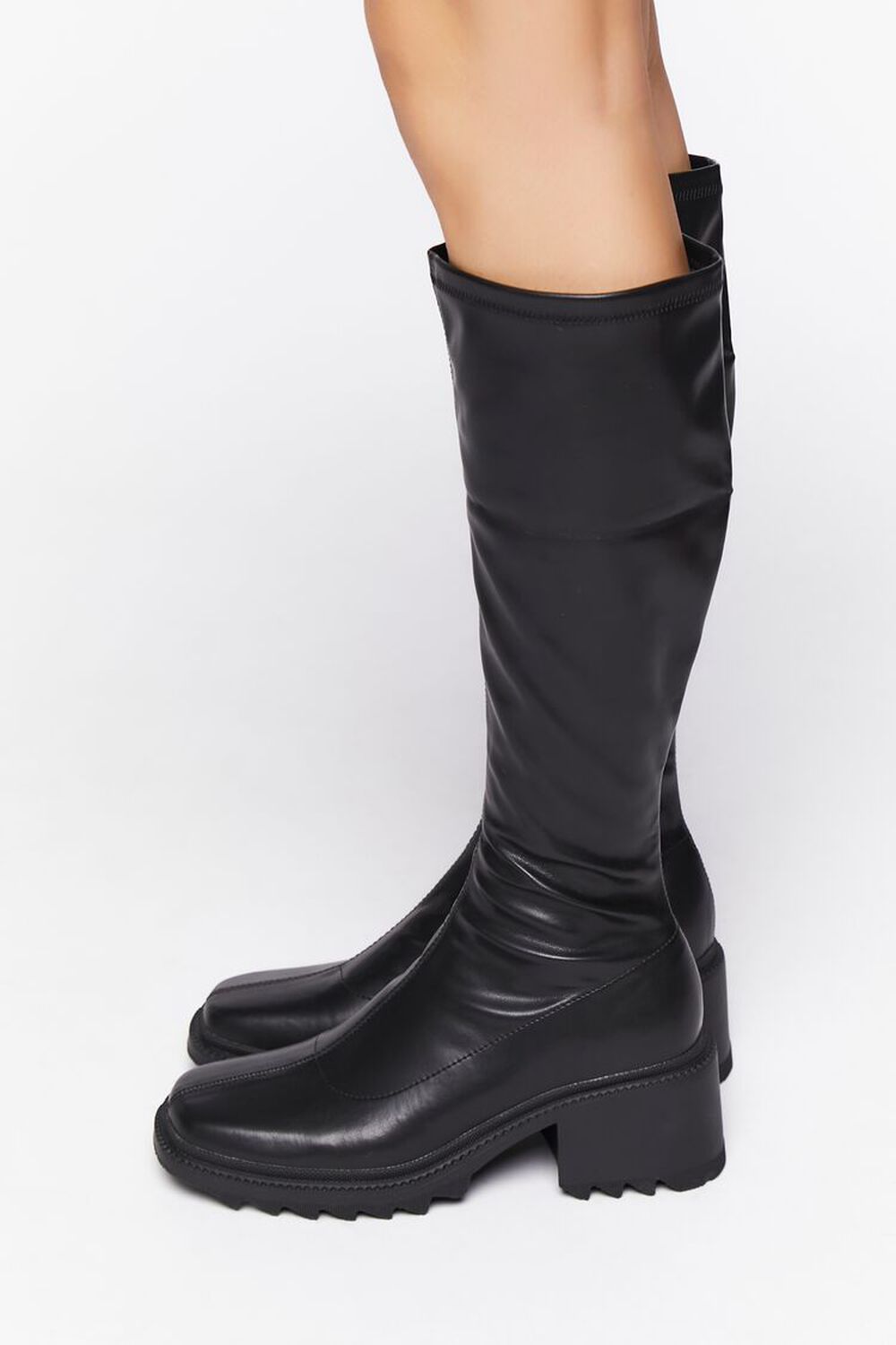 BLACK Faux Leather Knee-High Lug Boots, image 2