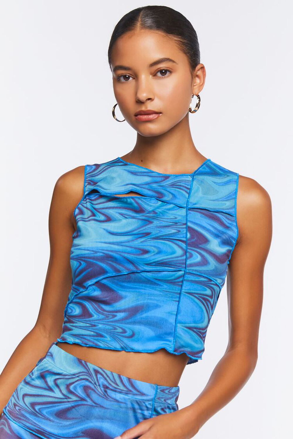 BLUE/MULTI Abstract Print Cutout Crop Top, image 1