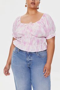 PINK/WHITE Plus Size Tropical Leaf Print Top, image 5