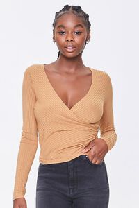 CAMEL Ribbed Surplice Long-Sleeve Top, image 1
