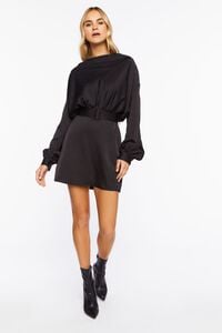 BLACK Satin Belted Drop-Sleeve Mini Dress, image 4