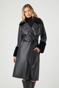 BLACK Faux Leather Belted Trench Coat, image 1