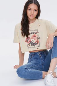 TAUPE/MULTI Distressed Floral Cropped Tee, image 1