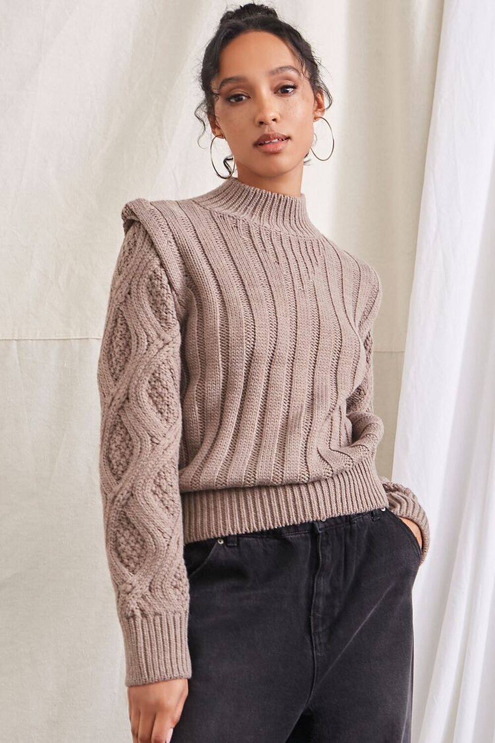 TAUPE Mock Neck Cable Knit Sweater, image 1