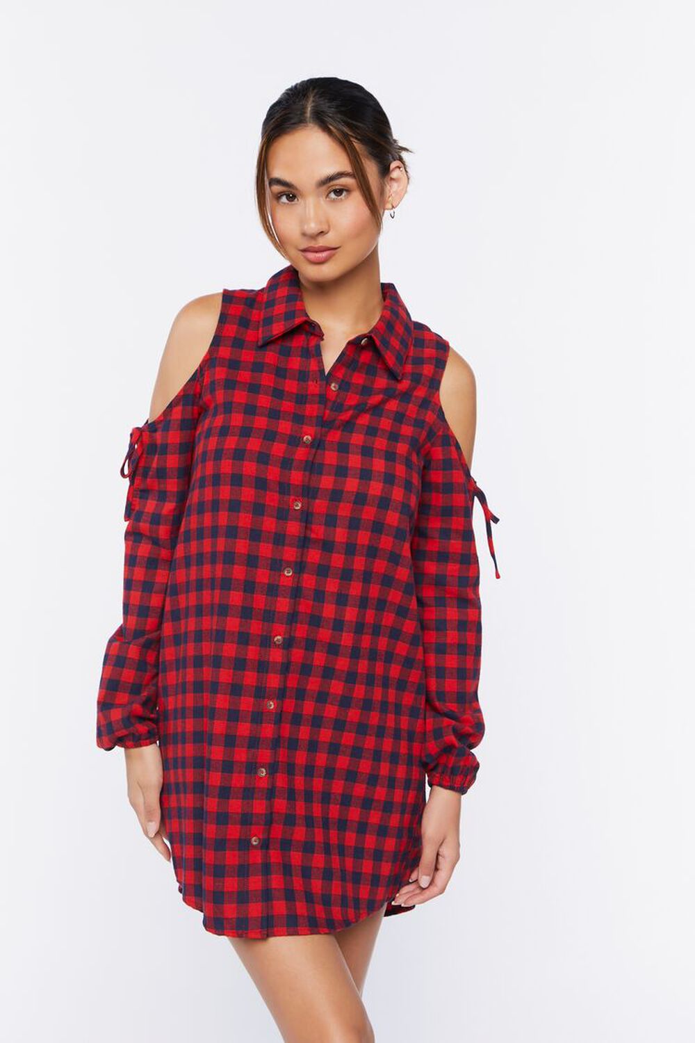 RED/MULTI Open-Shoulder Plaid Flannel Dress, image 1