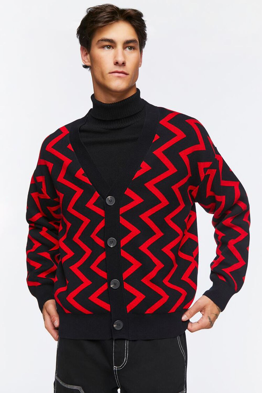 BLACK/RED Chevron Cardigan Sweater, image 1