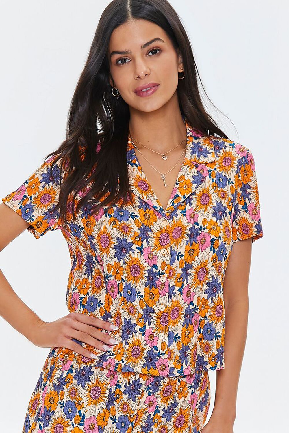ORANGE/MULTI Pleated Floral Print Shirt, image 1