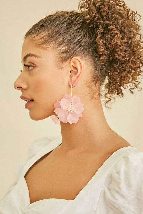 GOLD/PINK Faux Gem Floral Drop Earrings, image 1