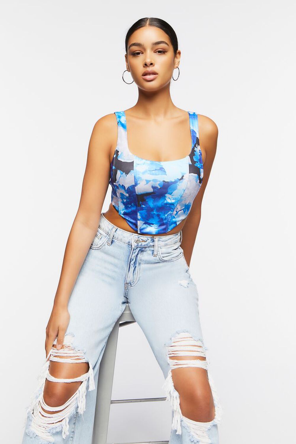 BLUE/MULTI Abstract Print Crop Top, image 1