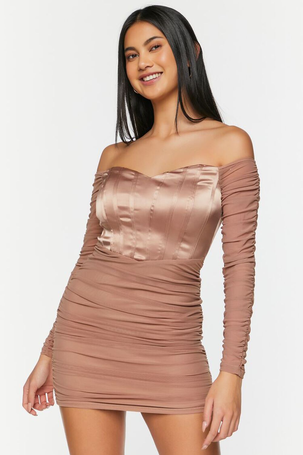 CAPPUCCINO Ruched Mesh Off-the-Shoulder Mini Dress, image 1