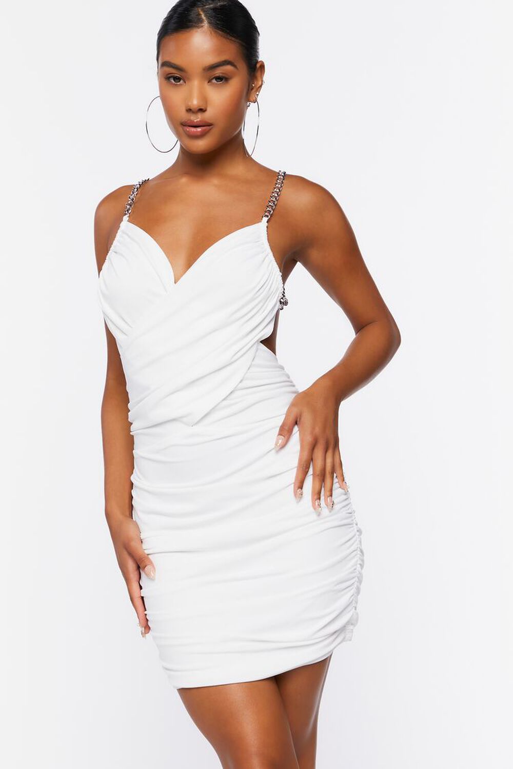 WHITE Ruched Open-Back Mini Dress, image 1