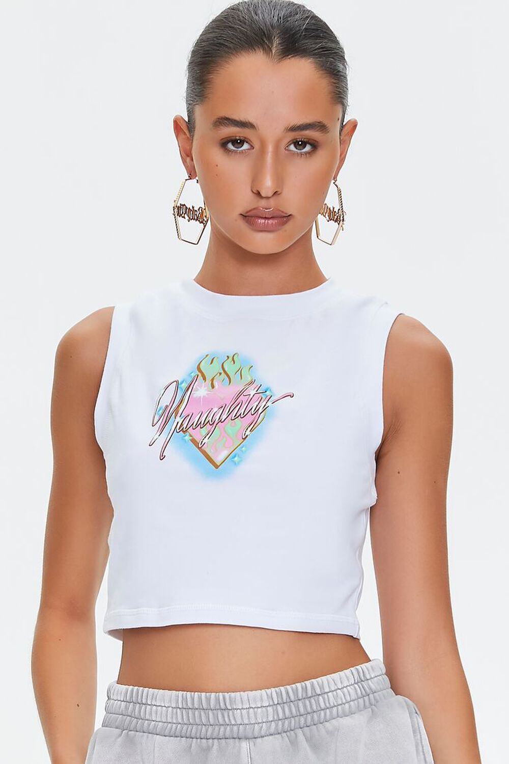 WHITE/MULTI Naughty Cropped Muscle Tee, image 1