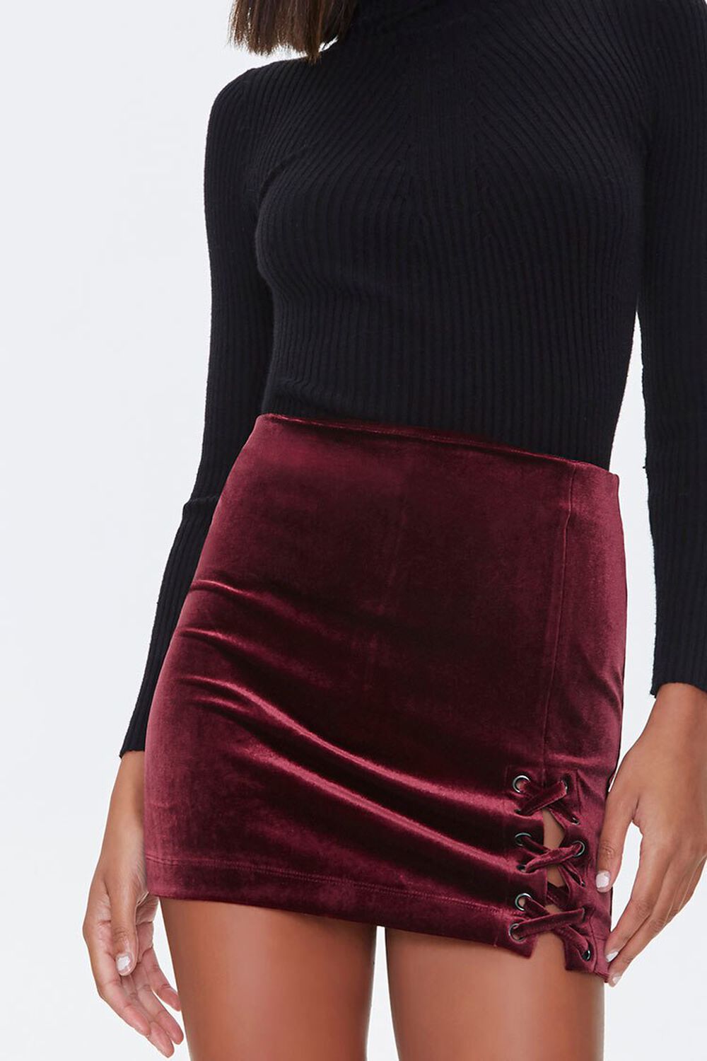 BURGUNDY Lace-Up Velvet Mini Skirt, image 1