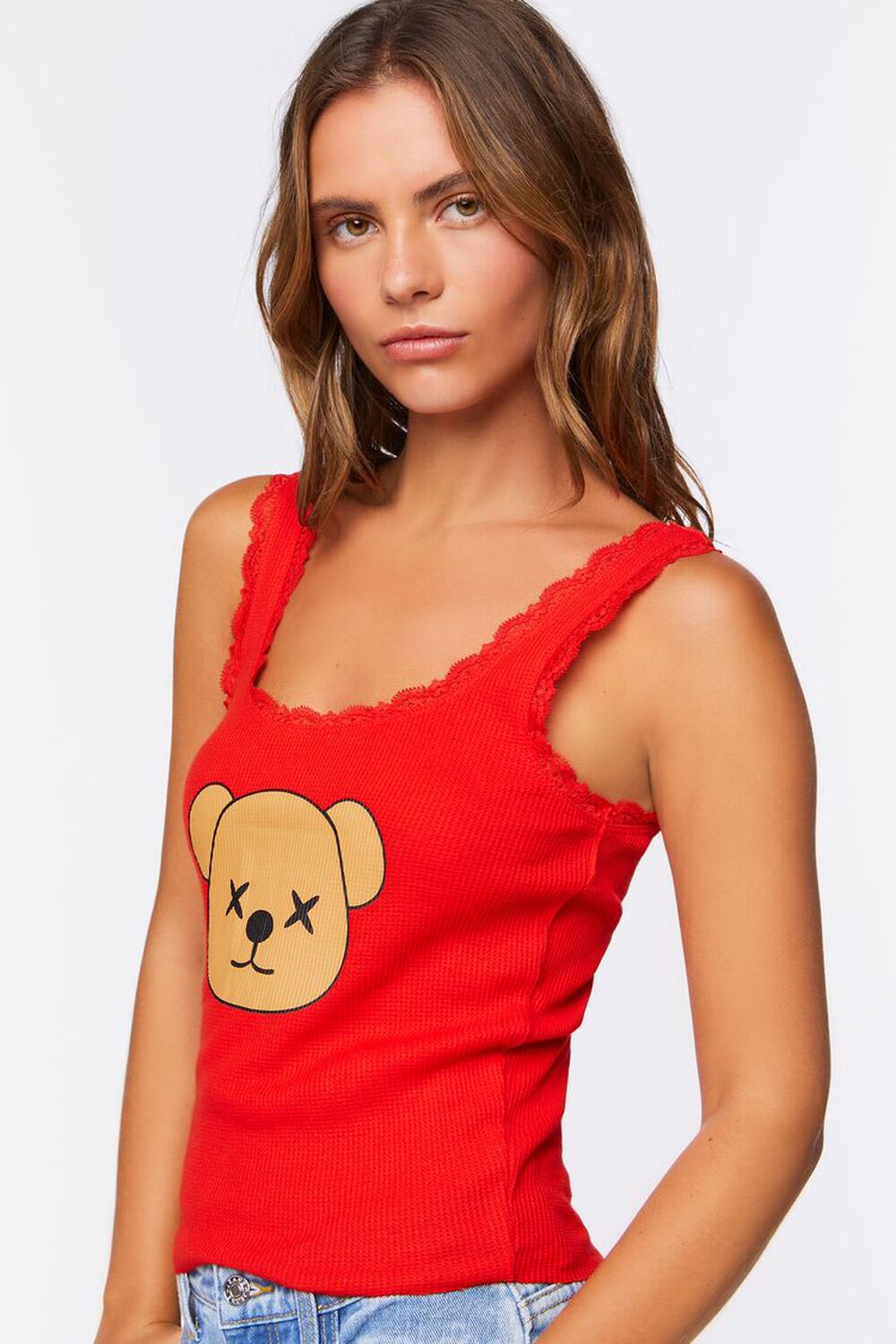 RED/MULTI Teddy Bear Graphic Thermal Tank Top, image 2