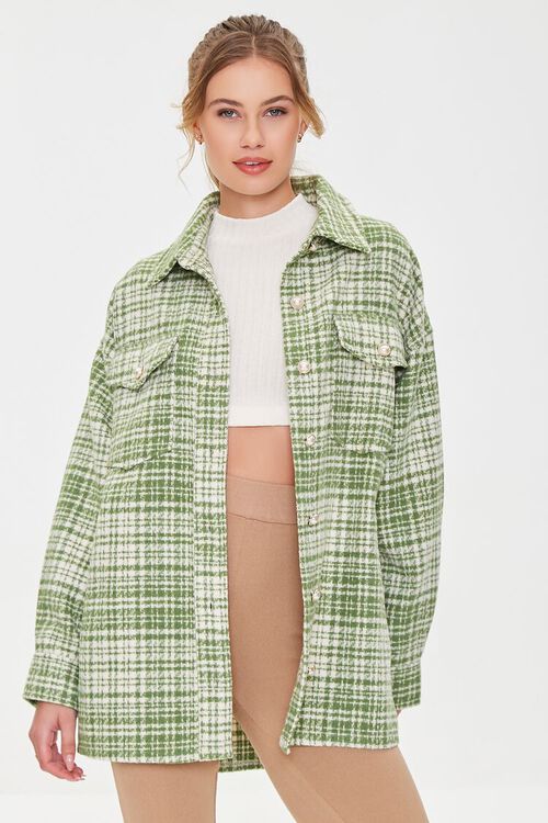 GREEN/CREAM Faux Pearl Buttoned Tweed Shacket, image 1