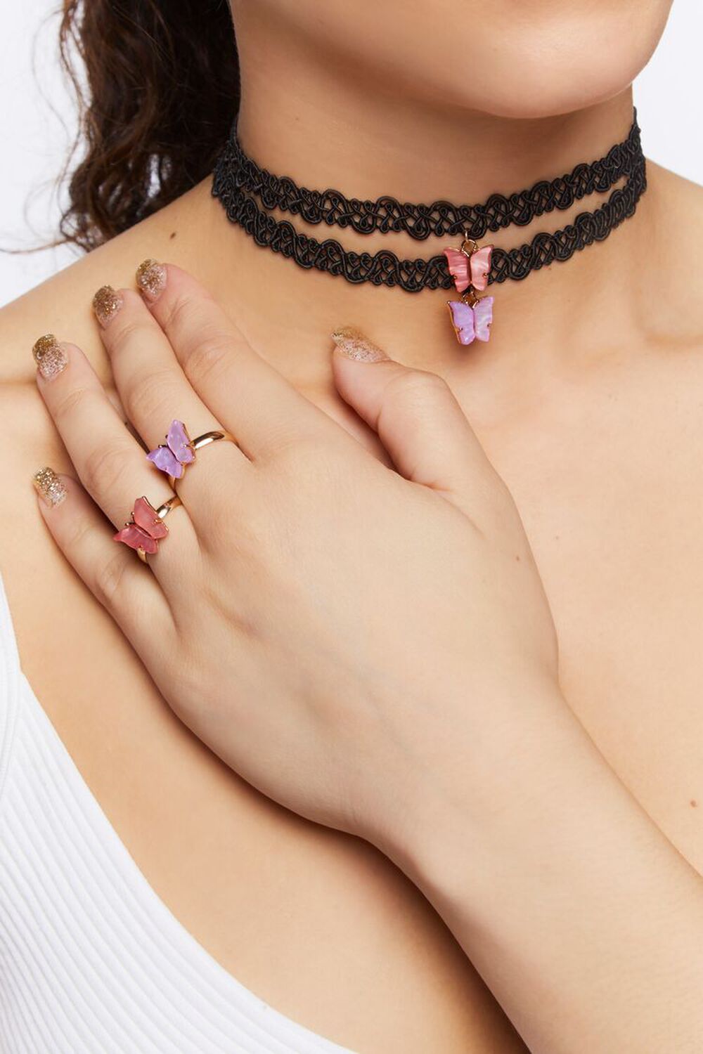 PINK/BLACK Girls Butterfly Choker Necklace & Ring Set (Kids), image 1