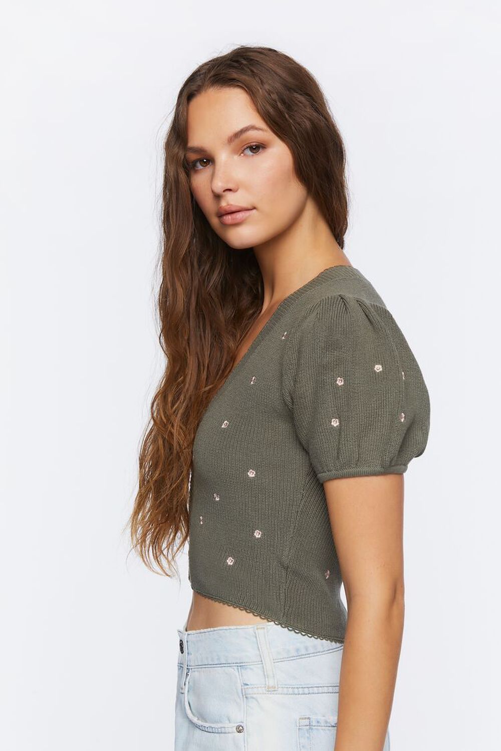SAGE/BEIGE Sweater-Knit Floral Embroidered Top, image 3
