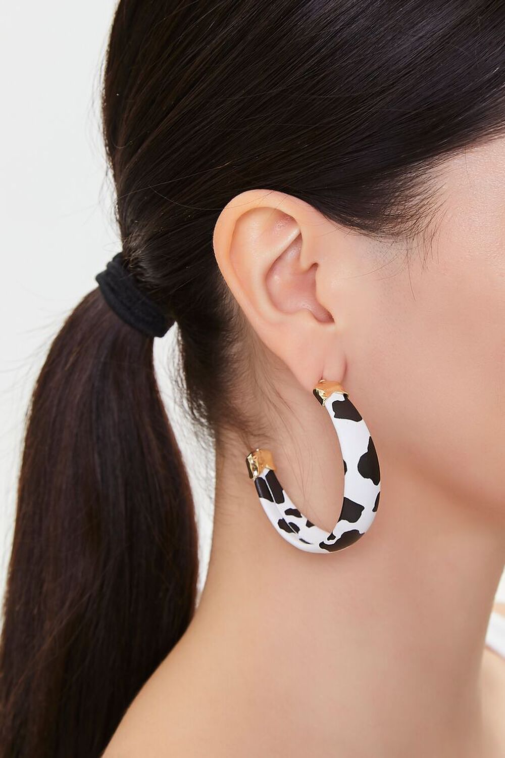 BLACK/WHITE Cow Print Open-End Hoop Earrings, image 1