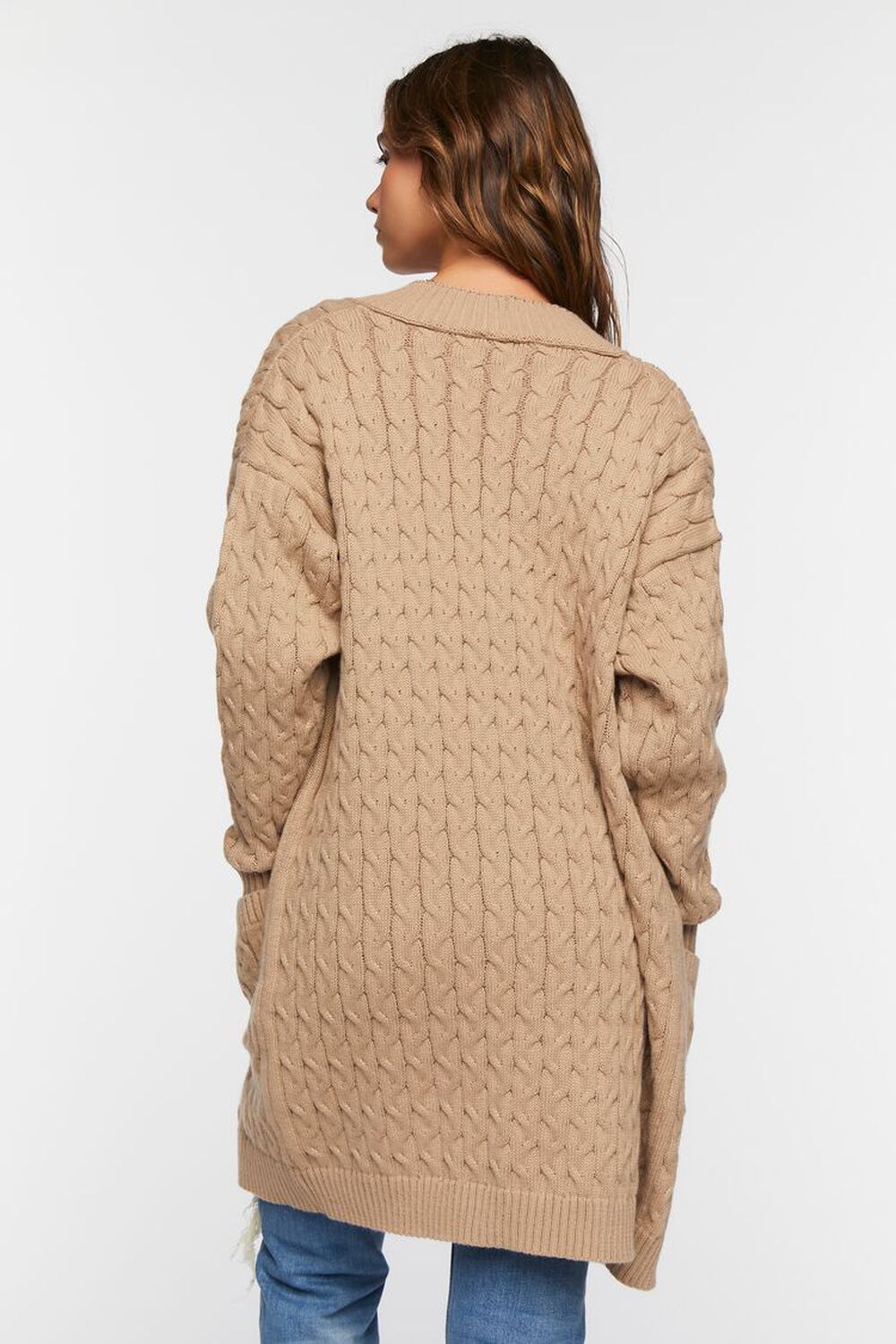 KHAKI Open-Front Cable Knit Cardigan Sweater, image 3