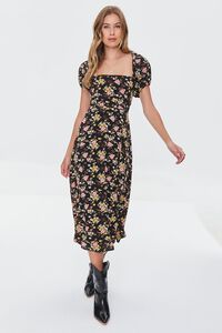 BLACK/MULTI Floral Print Lace-Back Satin Dress, image 1