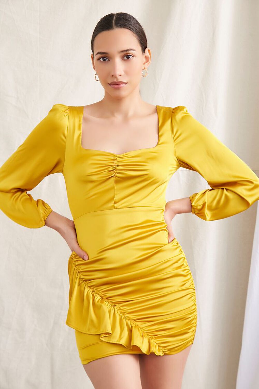 GOLD Satin Ruched Mini Dress, image 1