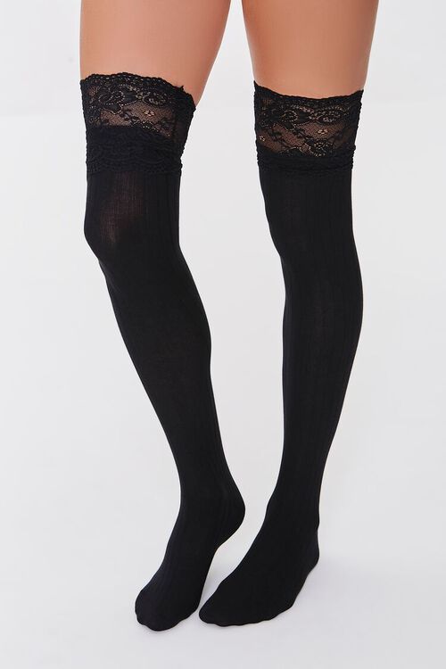 BLACK Lace-Trim Thigh-High Socks, image 2
