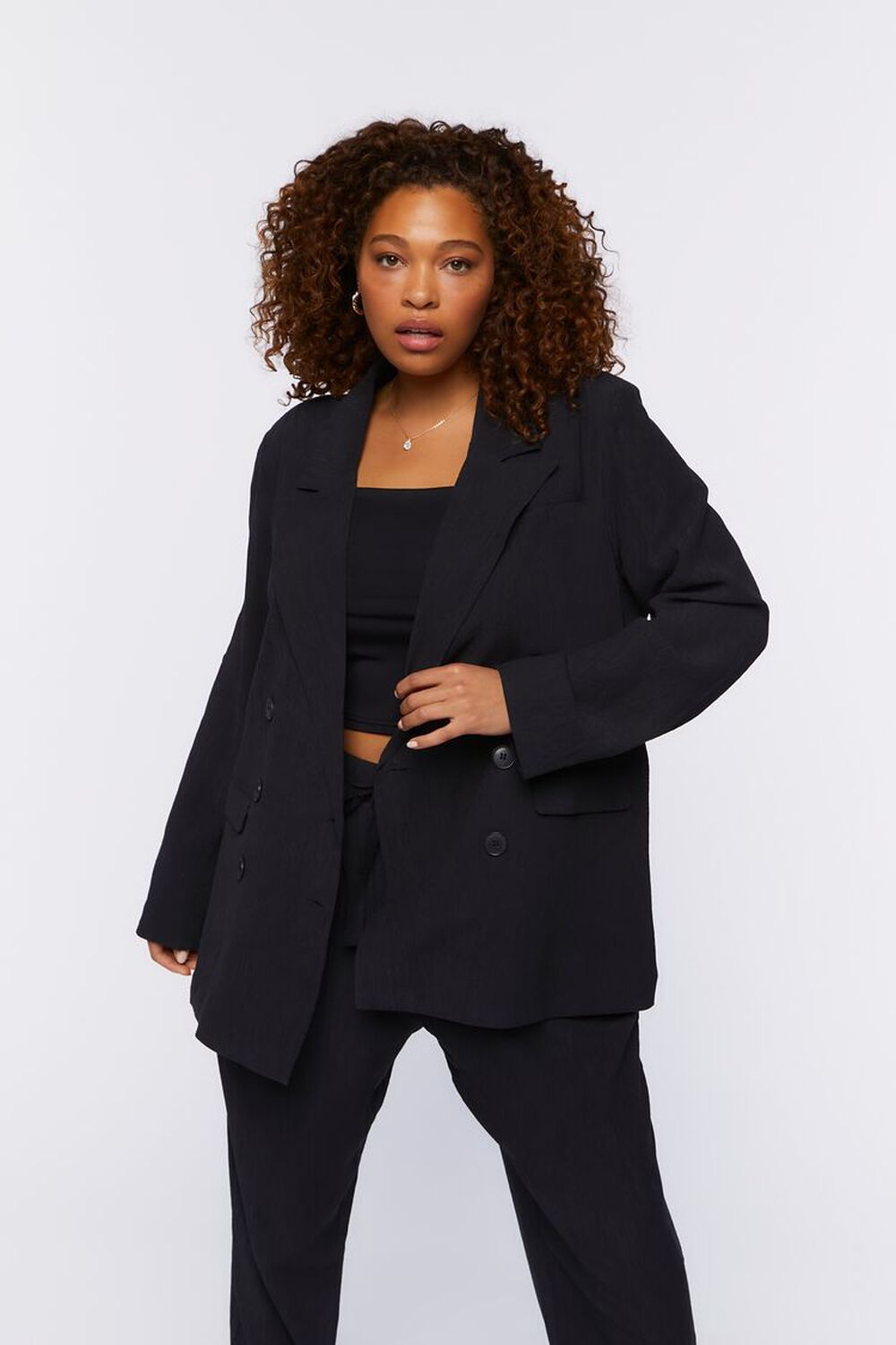 BLACK Plus Size Textured Double-Breasted Blazer, image 1