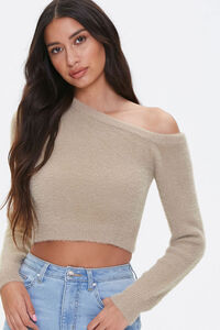 TAN Fuzzy Knit One-Shoulder Sweater, image 5