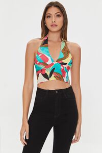 WHITE/MULTI Abstract Print Halter Crop Top, image 1