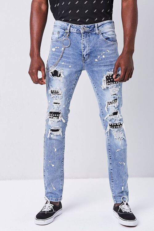 INDIGO Distressed Studded Slim-Fit Jeans, image 2