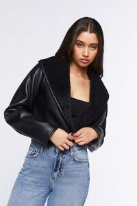 BLACK/BLACK Faux Fur-Collar Moto Jacket, image 6