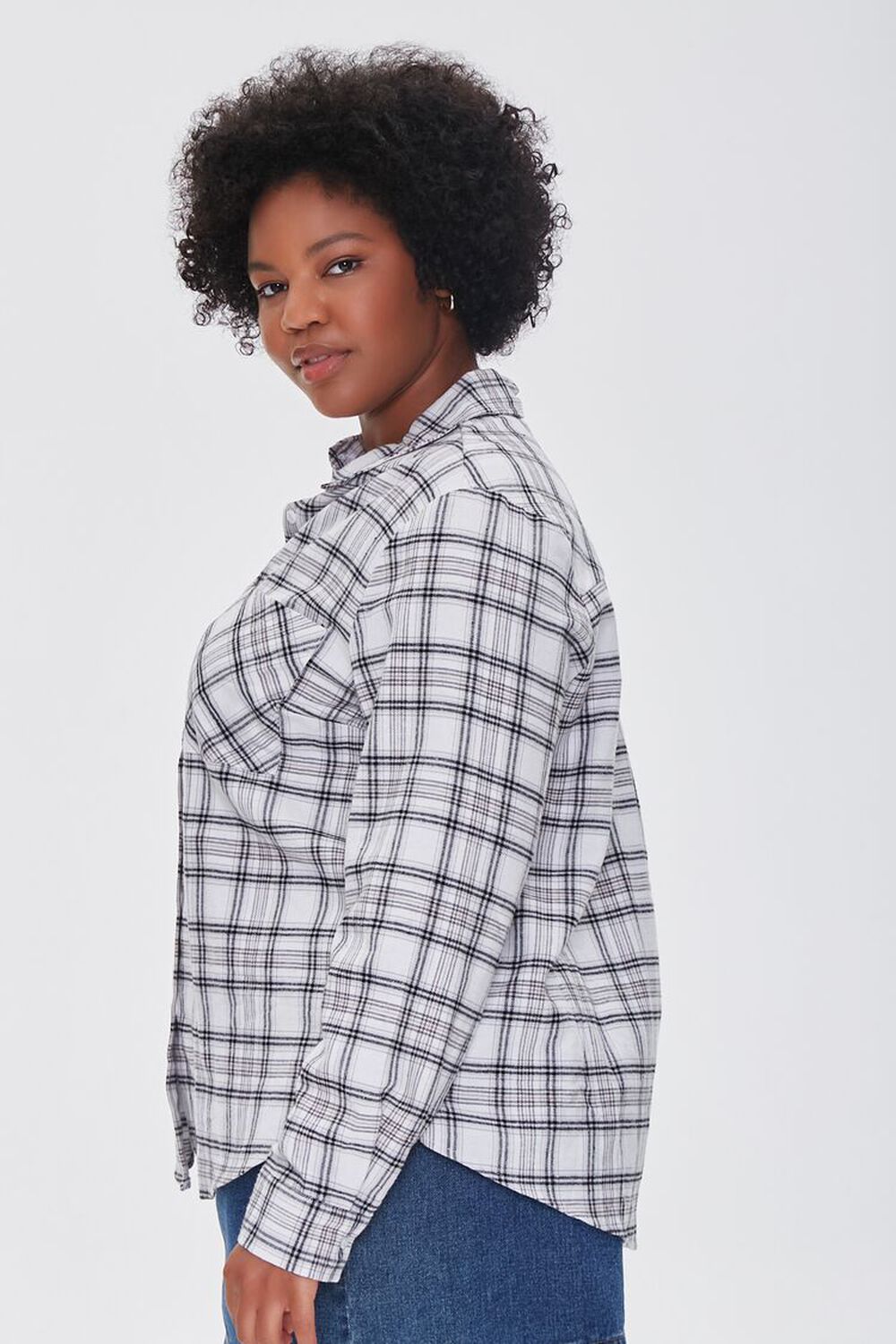WHITE/MULTI Plus Size Dual-Pocket Flannel Plaid Shirt, image 2