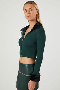 DARK GREEN/BLACK Faux Fur-Trim Zip-Up Sweater, image 2