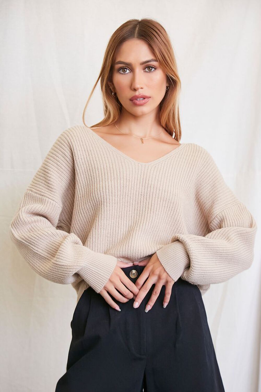 TAUPE Ribbed Drop-Sleeve Sweater, image 1