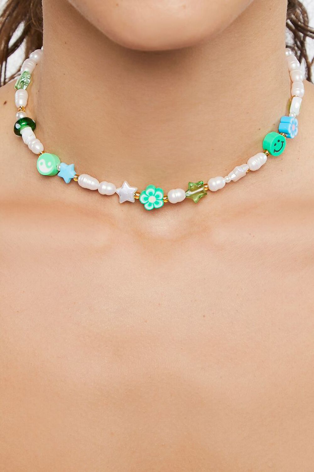 GREEN/WHITE Floral Beaded Chain Necklace, image 1