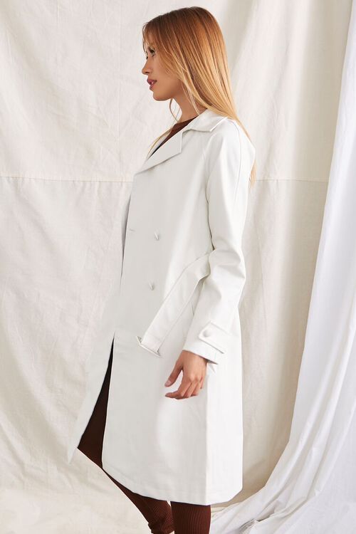 WHITE Faux Leather Double-Breasted Trench Coat, image 2